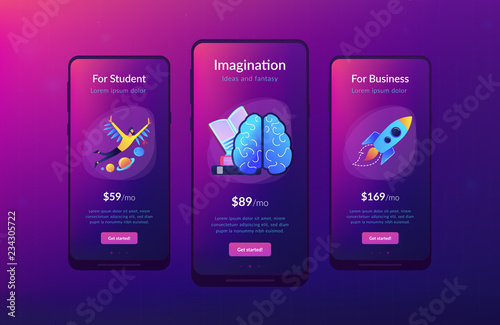 Open book, brain and user flying in space among planets. Imagination, ideas and fantasy landing page. Creative thinking, motivation and inspiration. UI UX GUI app interface template.