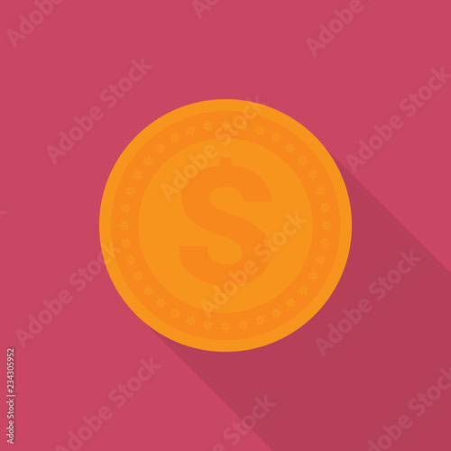 Dollar money coin icon with long shadow on pink background, flat design style
