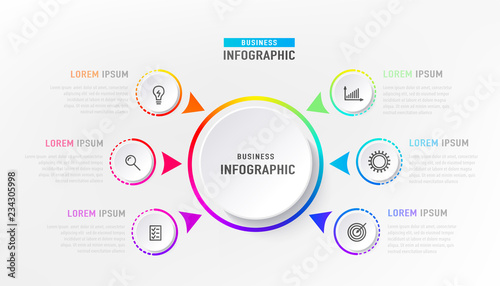 Infograph 6 element with centre circle. Graphic chart diagram, business timeline graphic design in bright rainbow color with icons. Vector illustration