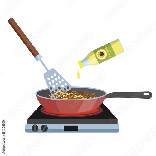 Fry vegetable in frying pan. Cooking lunch