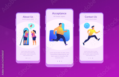 Plus size woman in front of the mirror as a concept of body positivity, acceptance and appreciation for all body types, body image, self confidence. Violet palette. Mobile UI UX app interface template