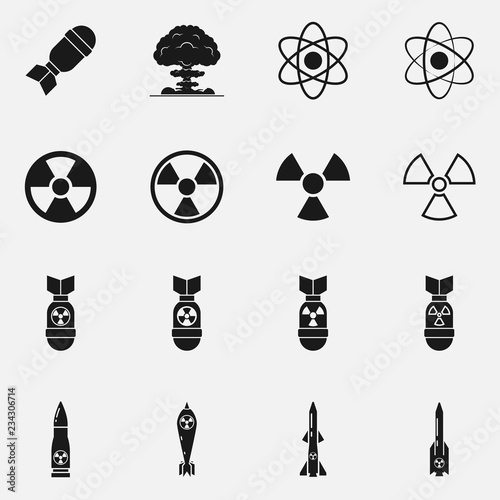 Set of nuclear weapons includes missiles, bombs and explosion. Radiation symbol. International Day against Nuclear Tests concept. photo