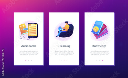 User reading ebook on tablet and books. Searchable digital library, education online, e-learning, easy access knowledge and transportation concept, violet palette. App interface template.