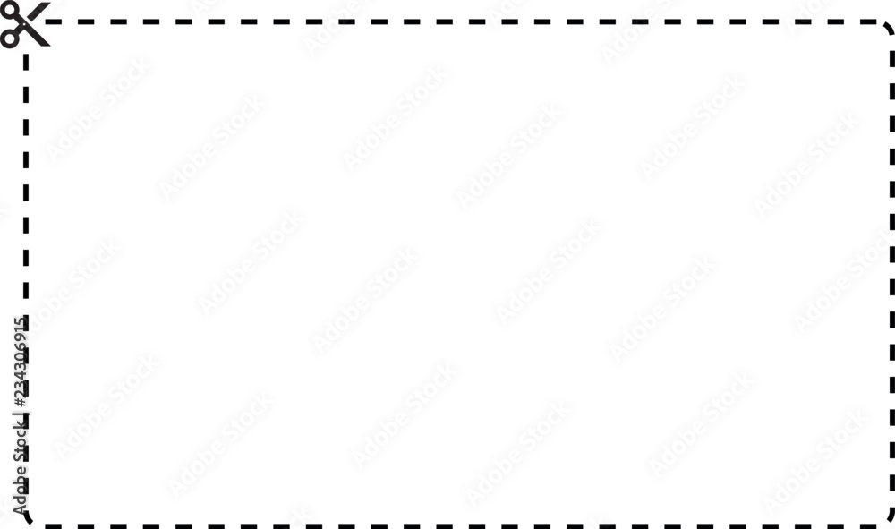 Coupon rectangle vector template. Dashed line with black scissors on white background. Coupon rectangle vector template. Dashed line with black scissors on white background.