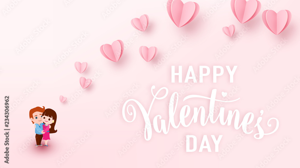 Valentines day background with light pink paper hearts, white text sign and couple boy and girl hugs each other. Love heart graphic design for greeting cards, banner, flyer. Vector illustration Valentines day background with light pink paper hearts, white text sign and couple boy and girl hugs each other. Love heart graphic design for greeting cards, banner, flyer. Vector illustration