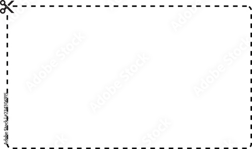 Coupon rectangle vector template. Dashed line with black scissors on white background.