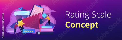 Megaphone and businessmen rate with stars and thumb up icons. Rank and rating scale, high-ranking, top-ranking concept on white background. Header or footer banner template with copy space.