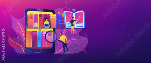 Tablet with bookshelves and students searching and reading information. Digital learning, online database, content storing and searching, ebooks concept, violet palette. Header or Footer banner.