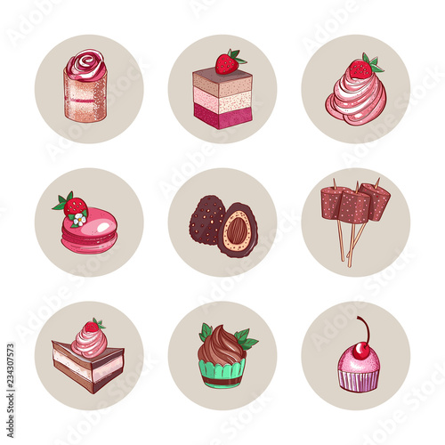 Set of delicious sweet desserts made of chocolate, strawberry and forest fruit. Glazed, stuffed and filled pastry in a confectionary or coffee shop cafe. Set of sweets.