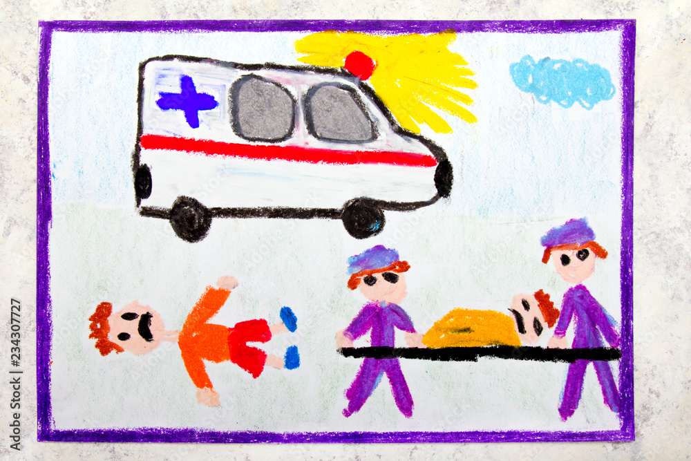 Colorful hand drawing: ambulance and paramedics. Accident victim