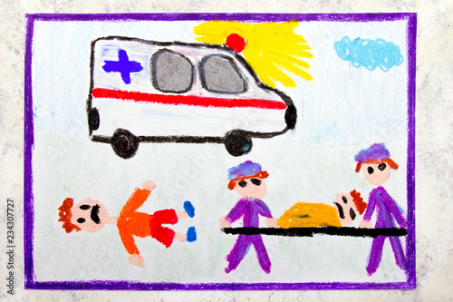 Wallpaper Mural Colorful hand drawing: ambulance and paramedics. Accident victim Torontodigital.ca