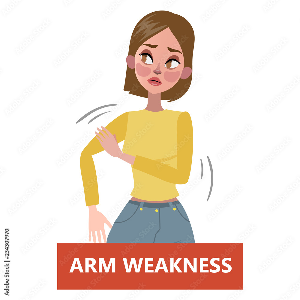Sign of a stroke infographic. Woman with arm weakness Stock Vector