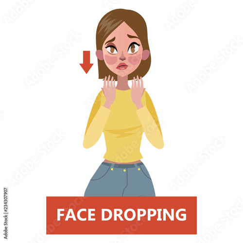 Sign of a stroke infographic. Woman with face drooping