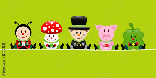 Ladybeetle, Fly Agaric, Chimney Sweeper, Pig & Cloverleaf