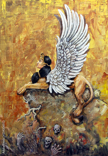 Legendary creature - Sphinx. Mythical creature painting.