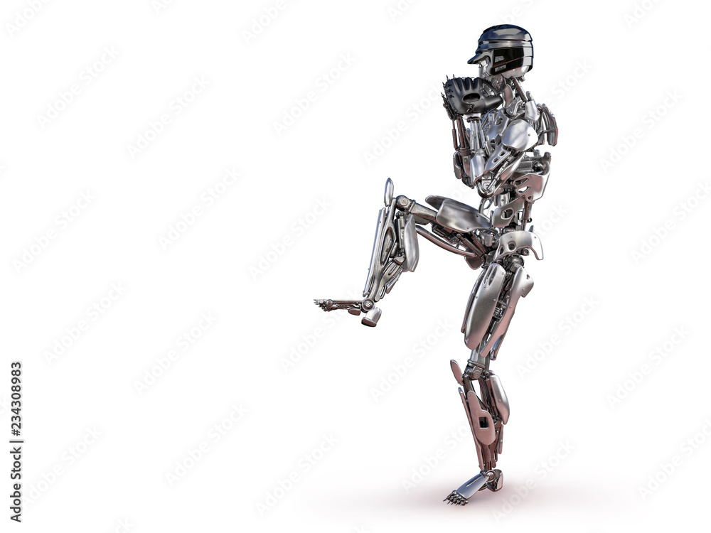Robot baseball player in action, isolated. Cyborg robot artificial intelligence technology concept. 3D illustration Robot baseball player in action, isolated. Cyborg robot artificial intelligence technology concept. 3D illustration