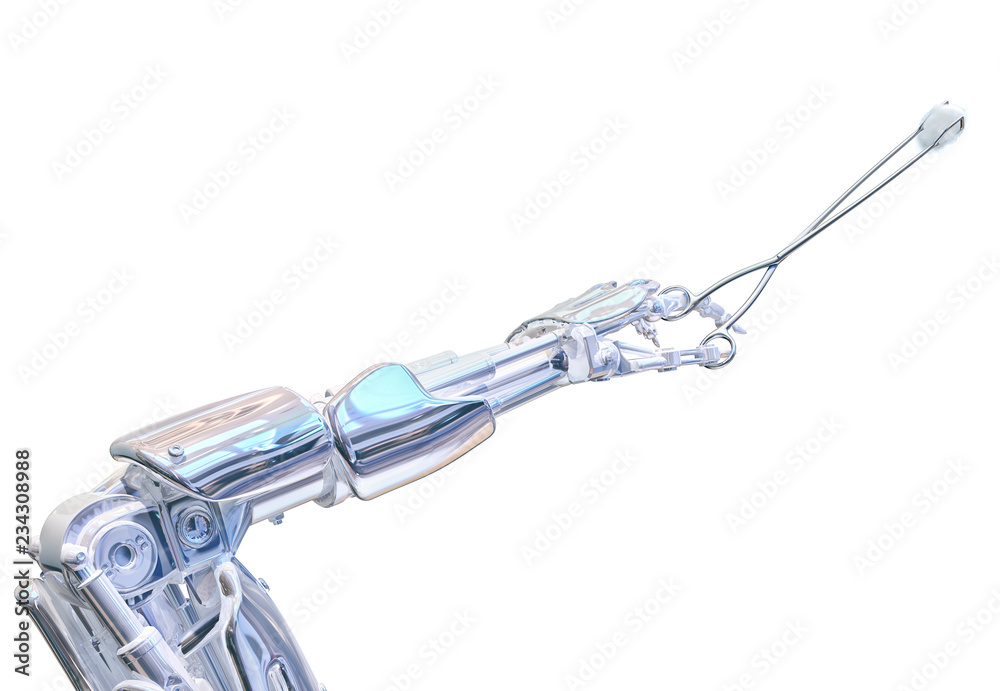 Robot surgeon hand holding forceps. Future robotic surgery concept. 3D illustration Robot surgeon hand holding forceps. Future robotic surgery concept. 3D illustration