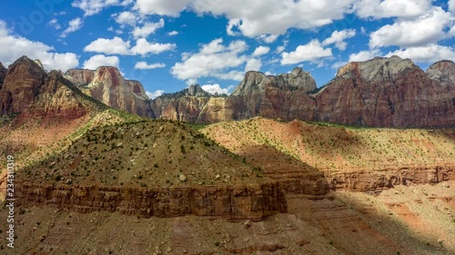 Drone hyperlapse just outside the entrance of Zion National Park in Utah. photo