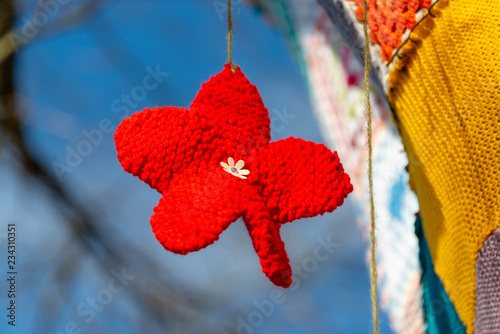 Bright red knitted wool star hanging from tree photo