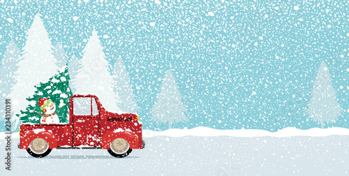 Christmas card design of xmas tree and cute snowman on vintage car truck with copy space vector illustration
