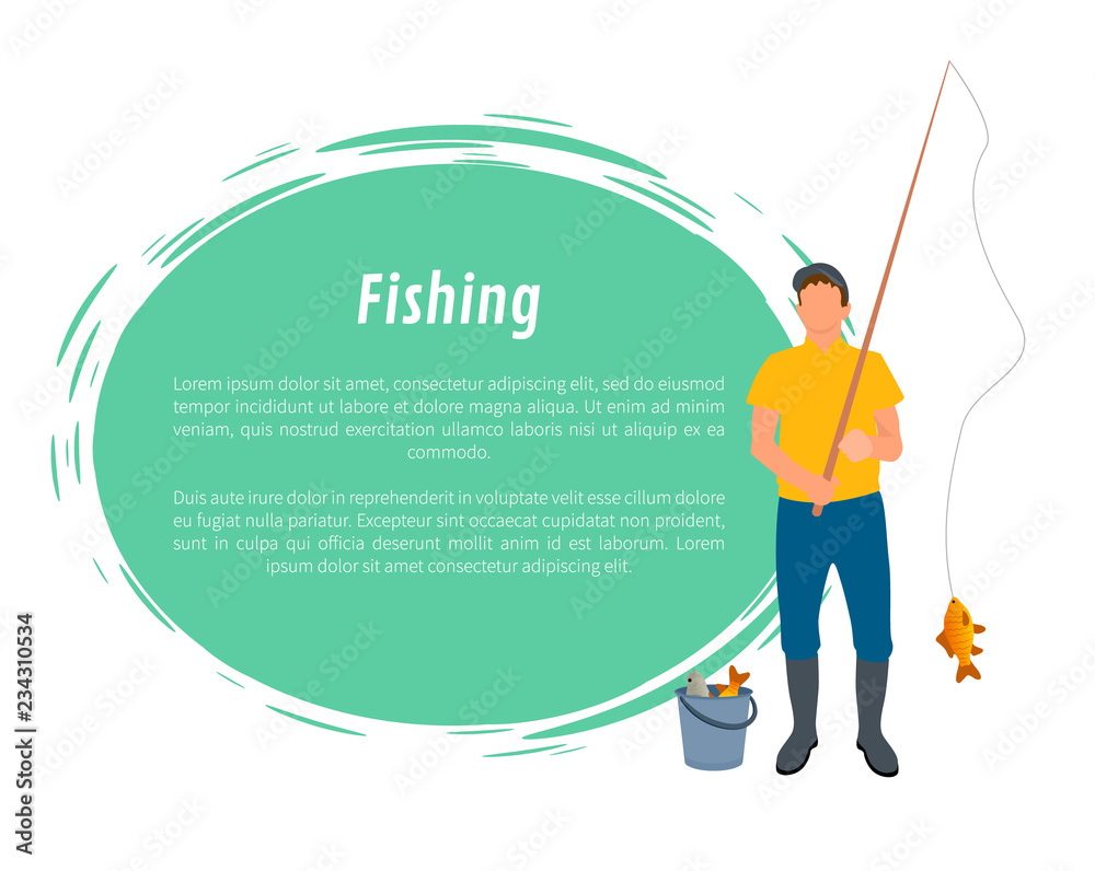 Fisherman with Fishing Rod, Fish and Bucket Vector