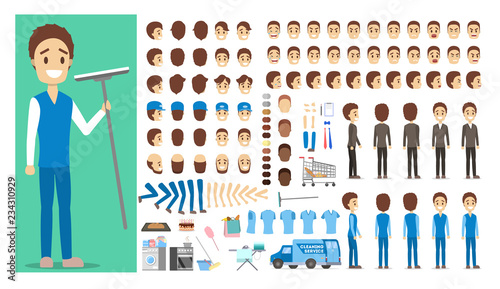 Janitor character in uniform set for animation.