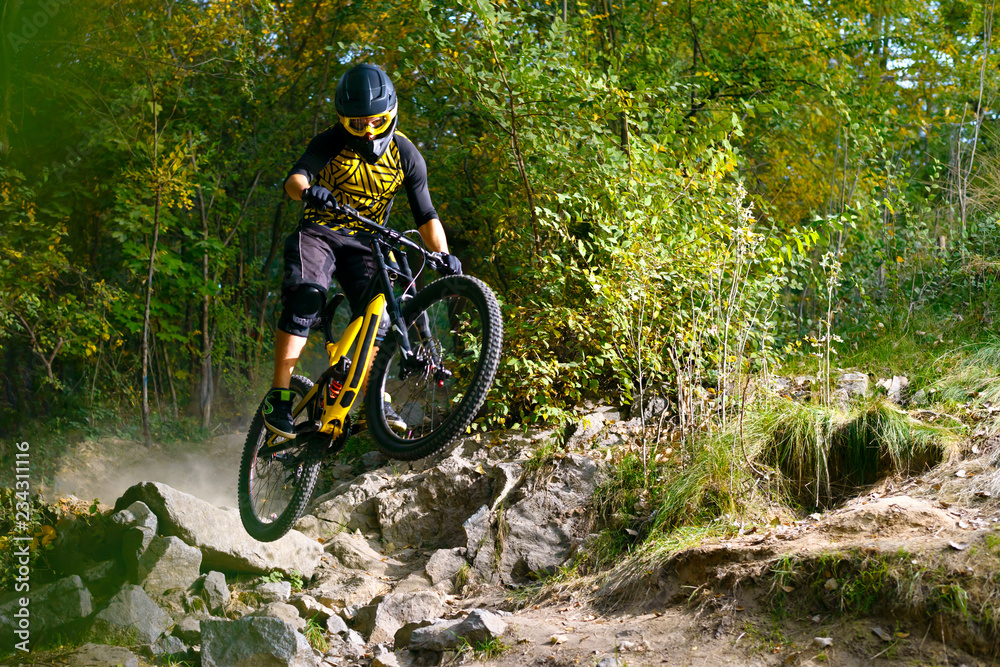 Naklejka premium Professional Cyclist Riding the Mountain Bike on Autumn Forest Trail. Extreme Sport and Enduro Cycling Concept.