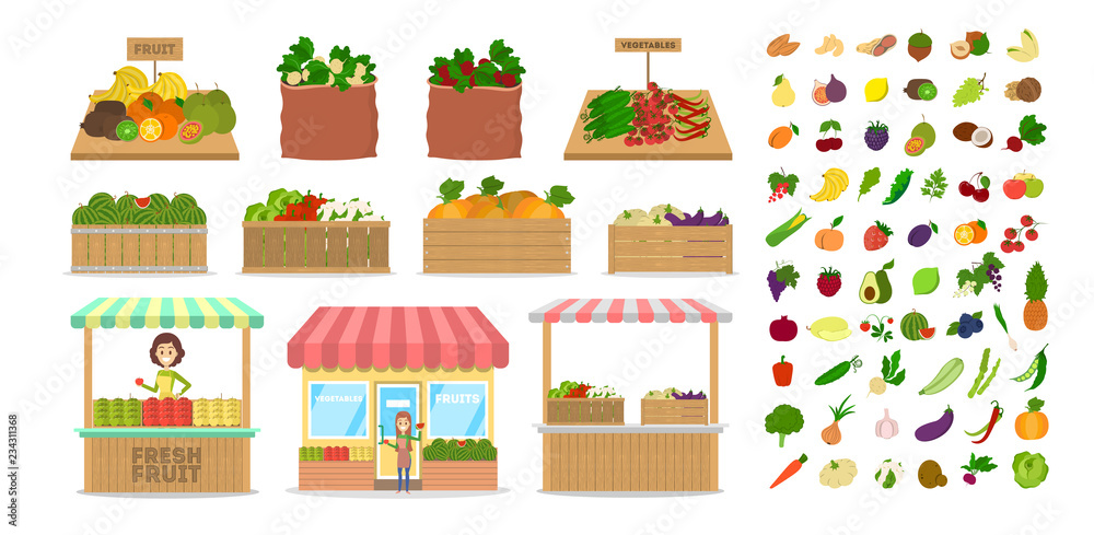 Set of fruits and vegetables. Food in wooden box Set of fruits and vegetables. Food in wooden box