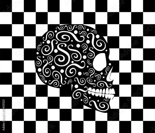 Black and white skull icon with ornament details and cubes background 