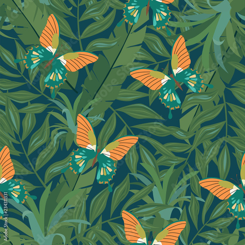 Beautiful seamless vector floral summer pattern background with tropical palm leaves, flowers and butterfly for wallpapers, web page backgrounds, surface textures, textile