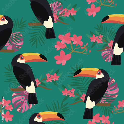 Beautiful seamless vector floral summer pattern background with tropical palm leaves, flowers and birds for wallpapers, web page backgrounds, surface textures, textile