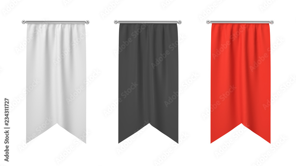 3d rendering of three rectangular black, white and red flags hanging vertically on a white background. 3d rendering of three rectangular black, white and red flags hanging vertically on a white background.