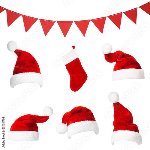 Collage with different shapes of Santa Claus hat, trianlges and stocking isolated on white background