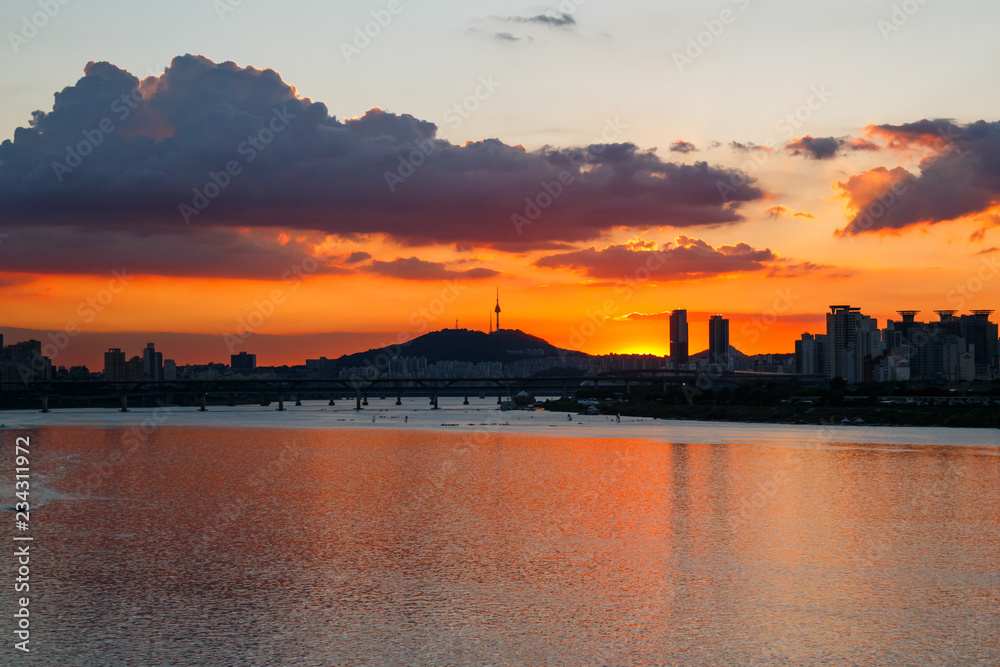 beautiful sunst with dramatic sky on Han river in Seoul