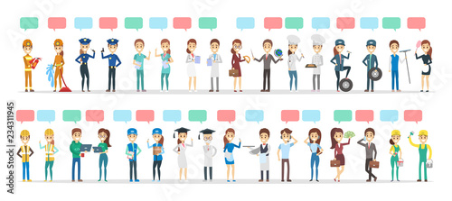 Big group of people of different occupation talk using speech bubble
