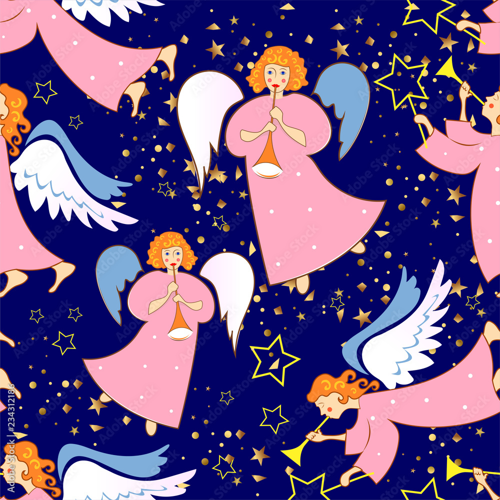 Angels. Christmas festive seamless pattern for packaging, wrappers, holidays, fabrics and light industry. Vector image.