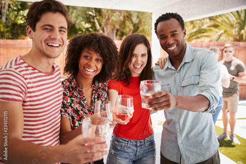 Photography Adult friends at a backyard party raising glasses to camera