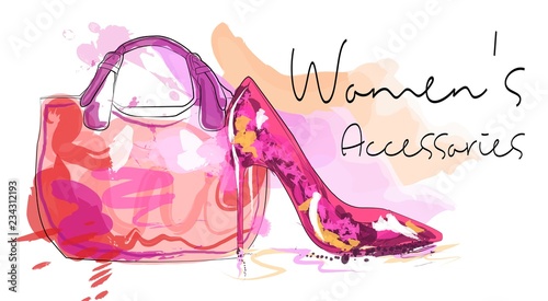 Women's day card. Women's bag and high heeled ladies shoe.