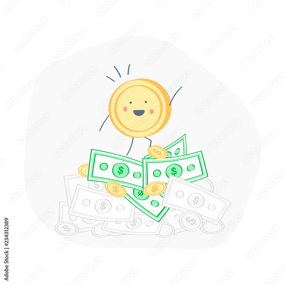 Gold Coin on Money Pile, stack of cash money, on the pick pf the pile. Profit, Income, Prize, Salary, Luck, Growing business Heap of packed dollar bills Gold Coin on Money Pile, stack of cash money, on the pick pf the pile. Profit, Income, Prize, Salary, Luck, Growing business Heap of packed dollar bills