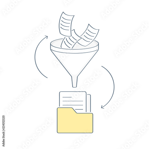 Filter funnel, document or information filtering concept to folder, big data filter, data tunnel, analysis. Flat outline isolated vector illustration of website element on white