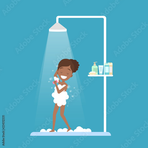 Young girl take shower in the bathroom