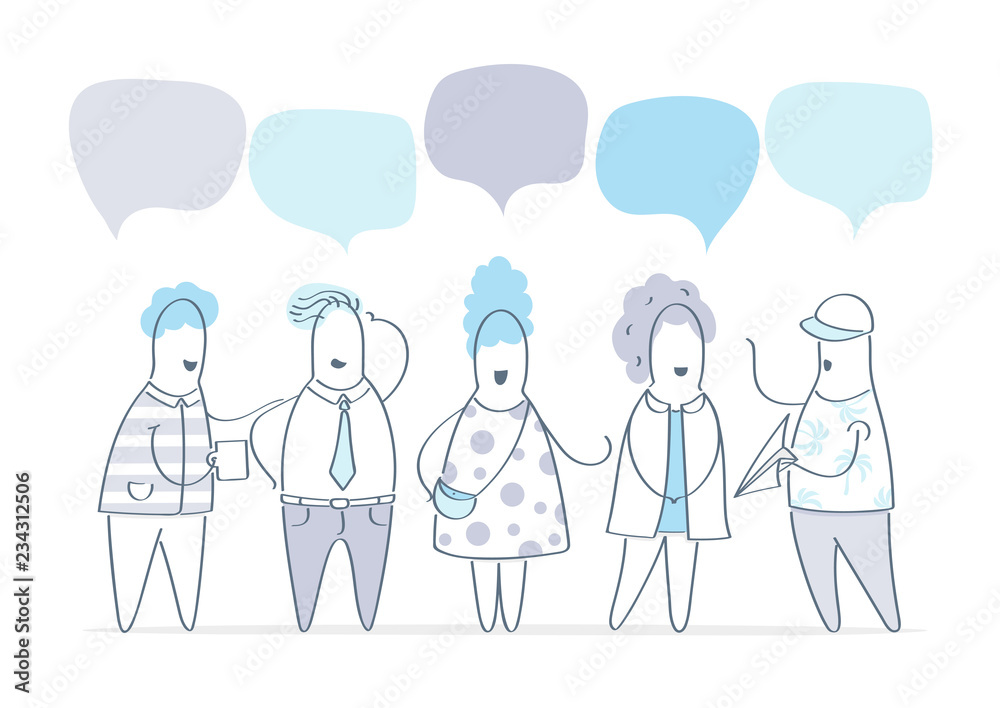 Vector illustration, flat style, businessmen discuss social network, group of people, news, social networks, meeting, chat, dialogue speech bubbles