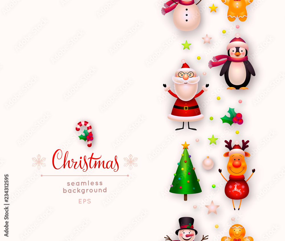 Vector Christmas background. New year and xmas decorations. Cute cartoon  Christmas ornaments and toys isolated on white- santa claus, reindeer,  christmas tree, snowman, star, candy cane, holly. EPS10 Stock Vector