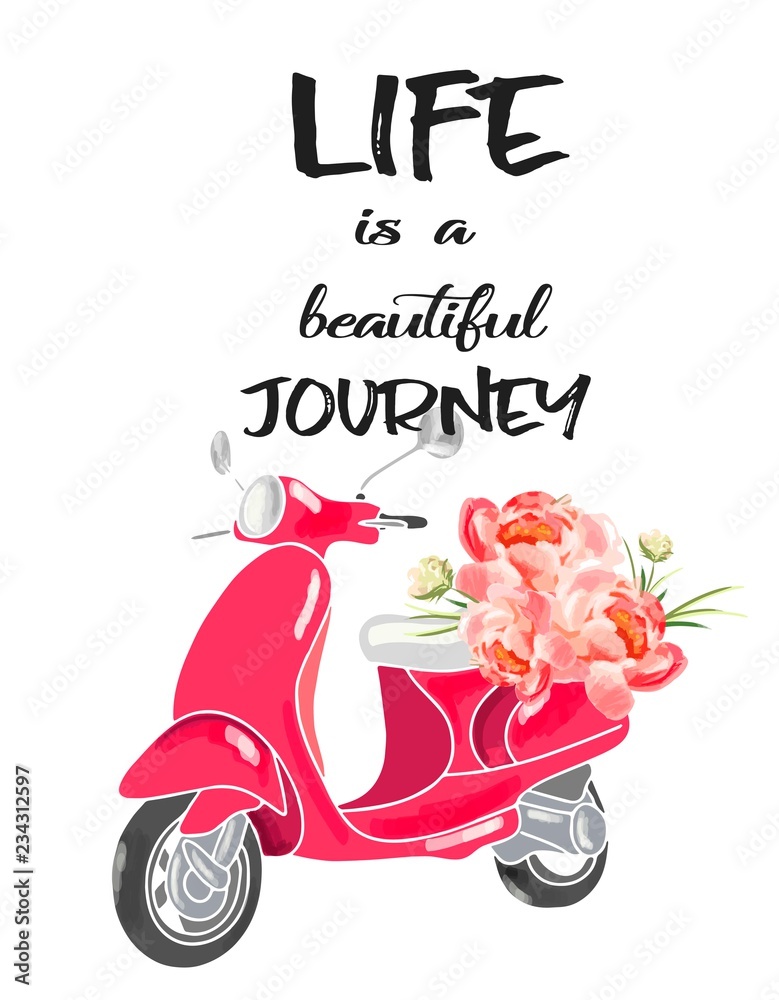 Life is a beautiful journey. Hand drawn quote. Scooter with flower. vector  de Stock | Adobe Stock