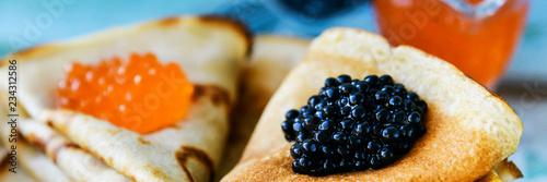 Russian Maslenitsa, pancakes with red and black caviar