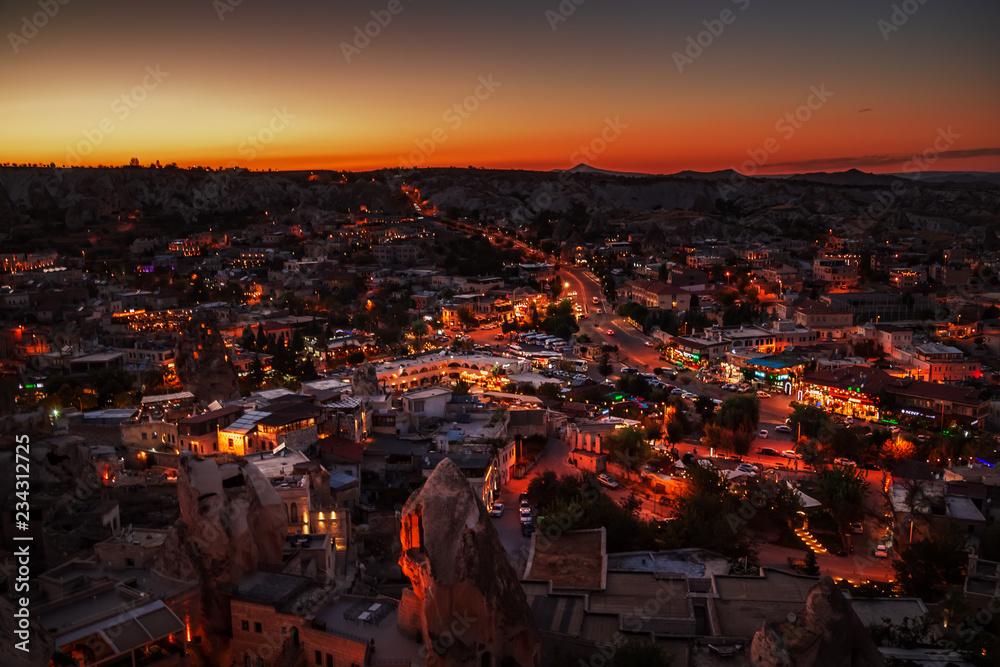 Illuminated at night streets of Goreme, Turkey, Cappadocia.
