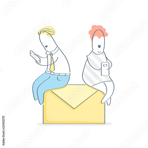Chatting online, messaging, write and sen email concept. Cute cartoon man and woman sitting on the mail envelope and chatting via smartphones, mobile phones