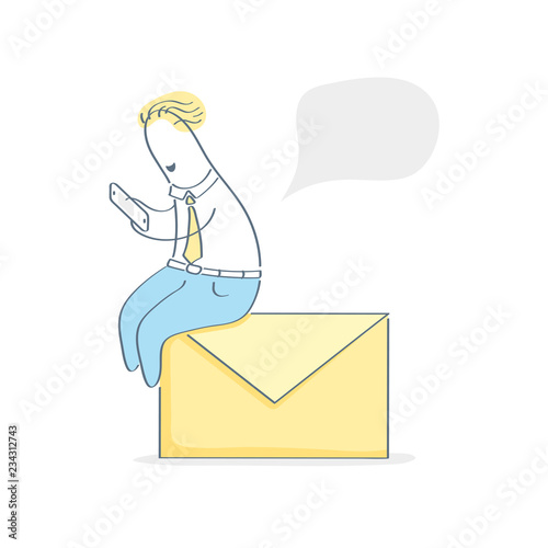 Chatting online, messaging, write and sen email concept. Cute cartoon man sitting on the mail envelope and chatting, speech bubble over character