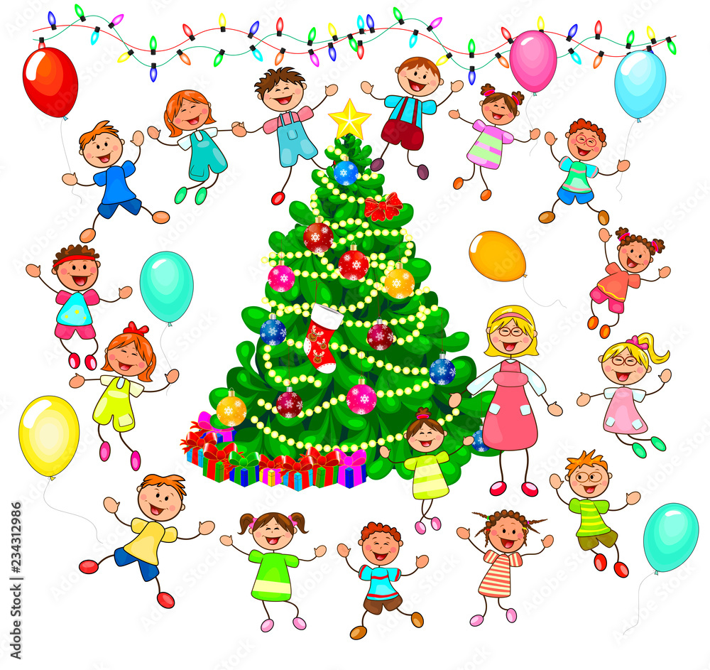 Children rejoice at the Christmas tree. Children near the Christmas tree celebrate Christmas. 