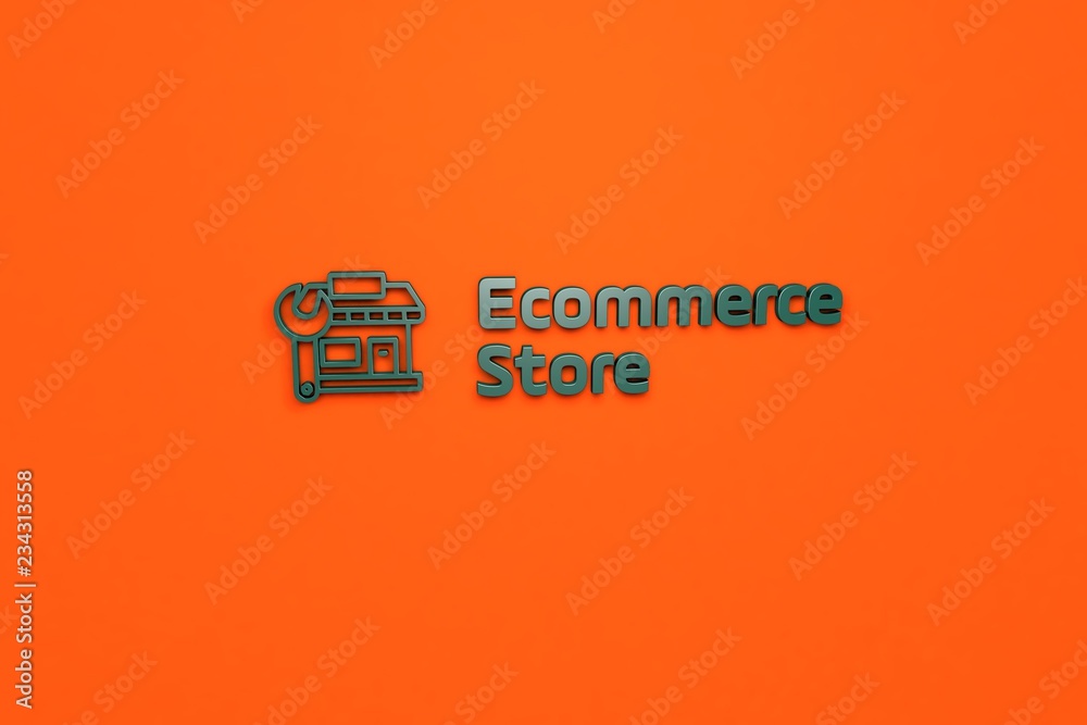 3D illustration of Ecommerce Store, green color and green text with orange background.